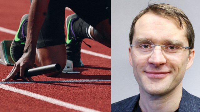 Photo montage, athletic runner and the scientist Jörg Schilcher