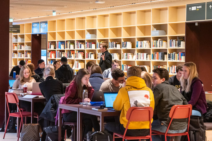 Groups of students studying with a book shelf behind them.