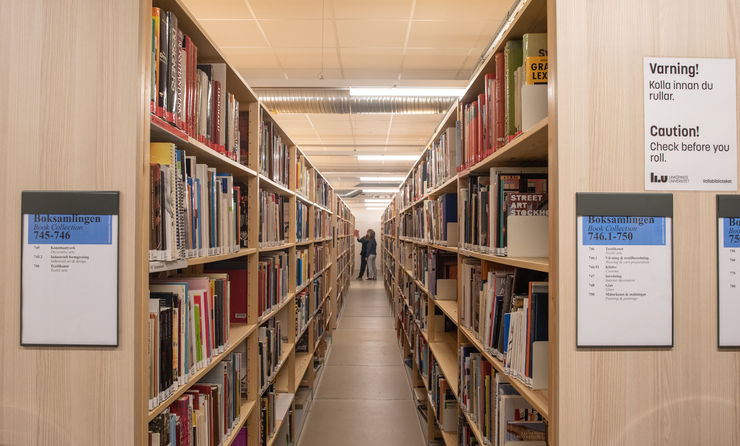 Two rows of bookshelves. In the space between the shelves are two people seen at a distance.