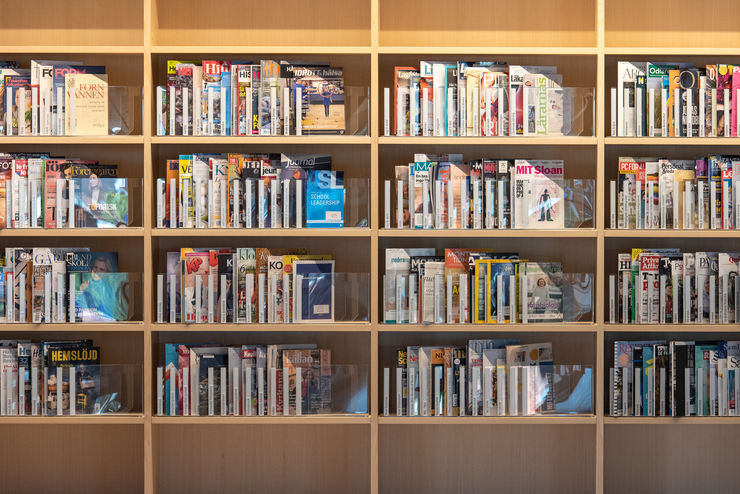 Library shelves with journals.