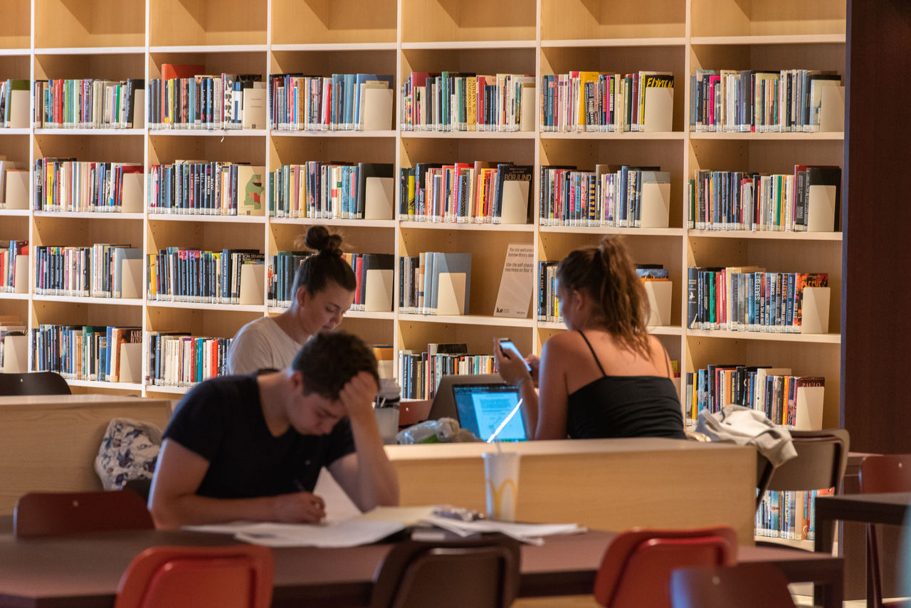 Three reading students with a book shelf behind them.