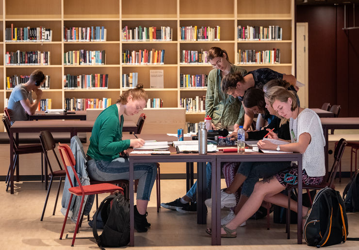 A group of students at a table and a book shelf in the background.