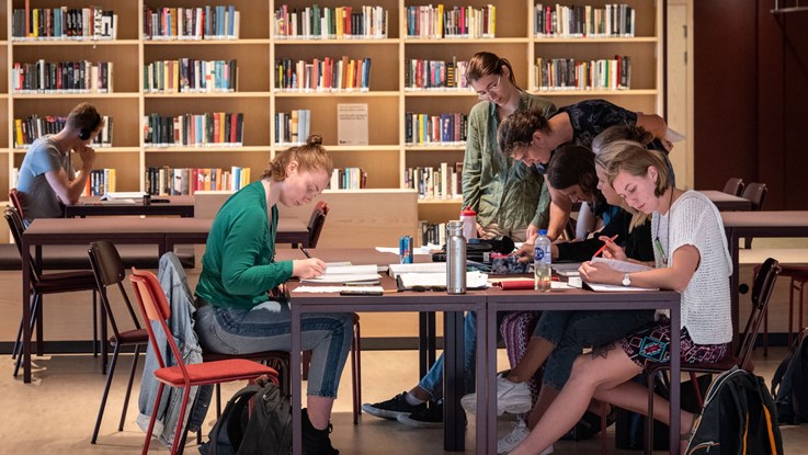 A group of students at a table and a book shelf in the background.