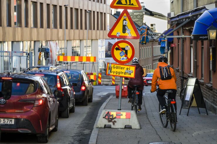 Traffic and closed streets in the central parts of a city