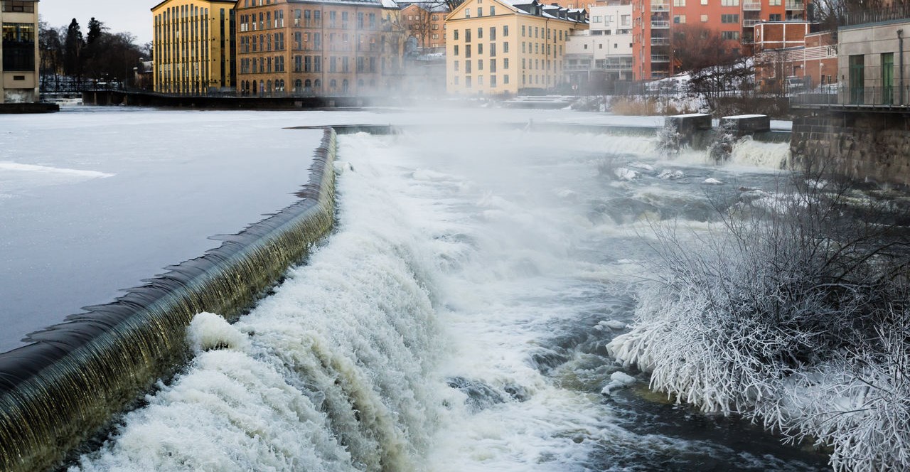 Strömmen, Motala ström, Campus Norrköping, vinter, is, snö, vattenfall
