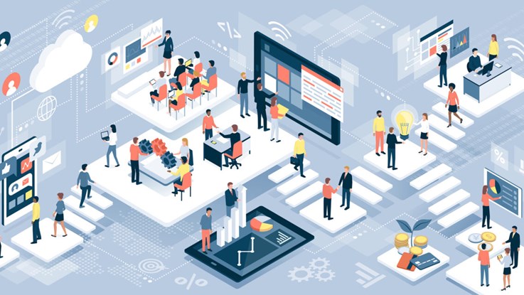 Isometric virtual office with business people working together and mobile devices: business management, online communication and finance concept.