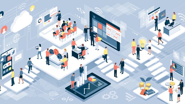 Isometriskt virtuellt kontor med affärsmän som arbetar tillsammans och mobila enheter: företagsledning, onlinekommunikation och finanskoncept.