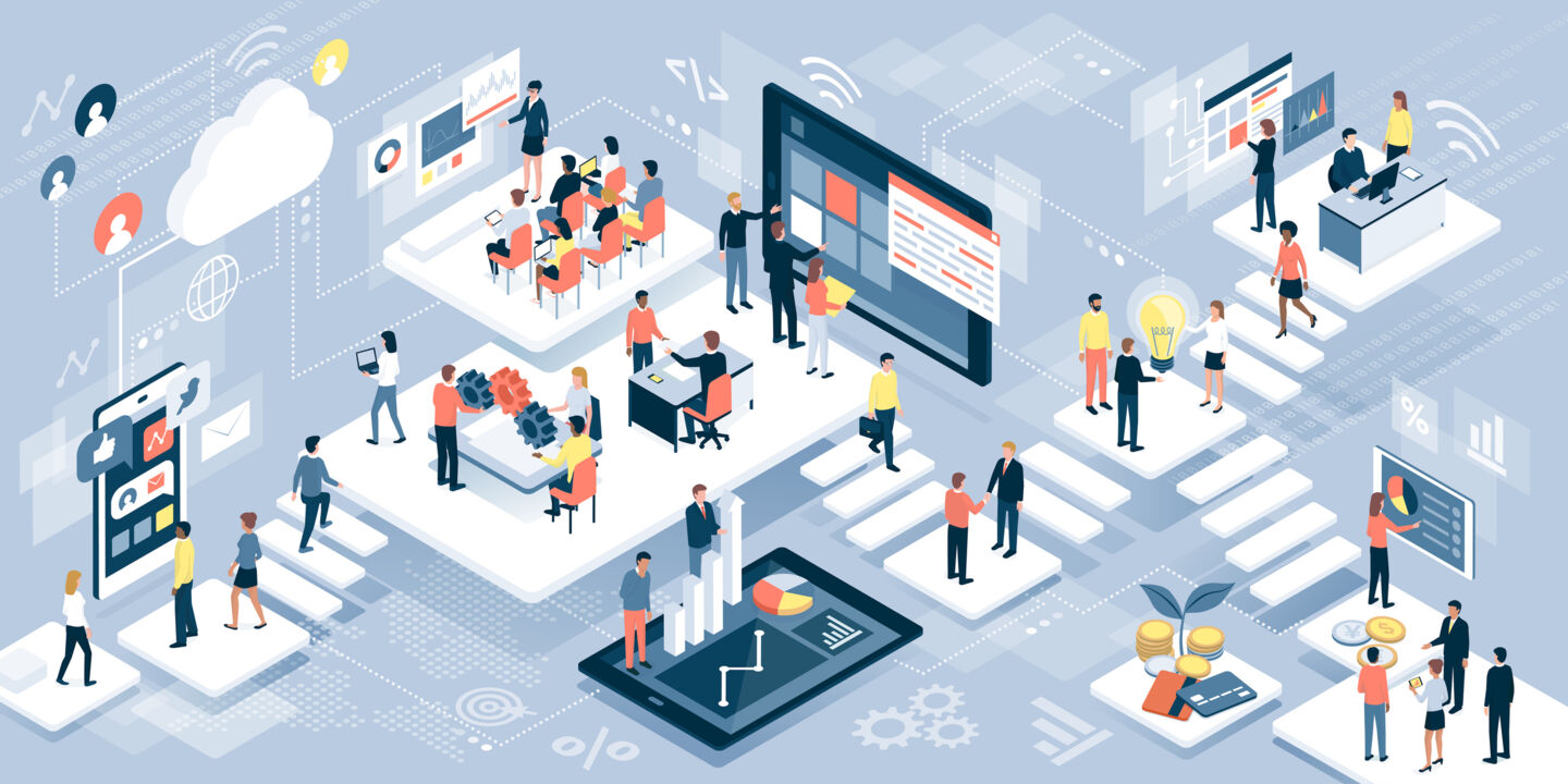 Isometric virtual office with business people working together and mobile devices: business management, online communication and finance concept.