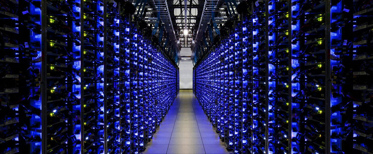 A corridor with computer servers.