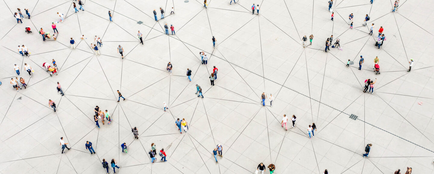  Aerial view of crowd connected with lines