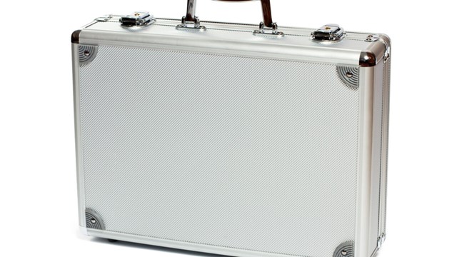 Silver metal briefcase against white background.