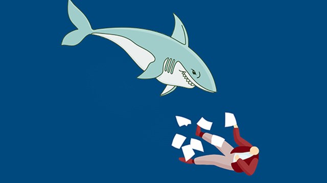 A cartoon with a shark attacking a man.