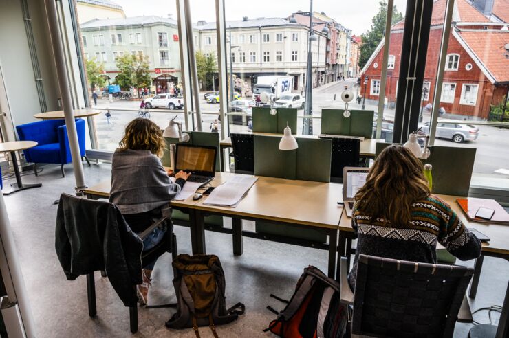 Two students in a reading room. A city street is seen through the windows.