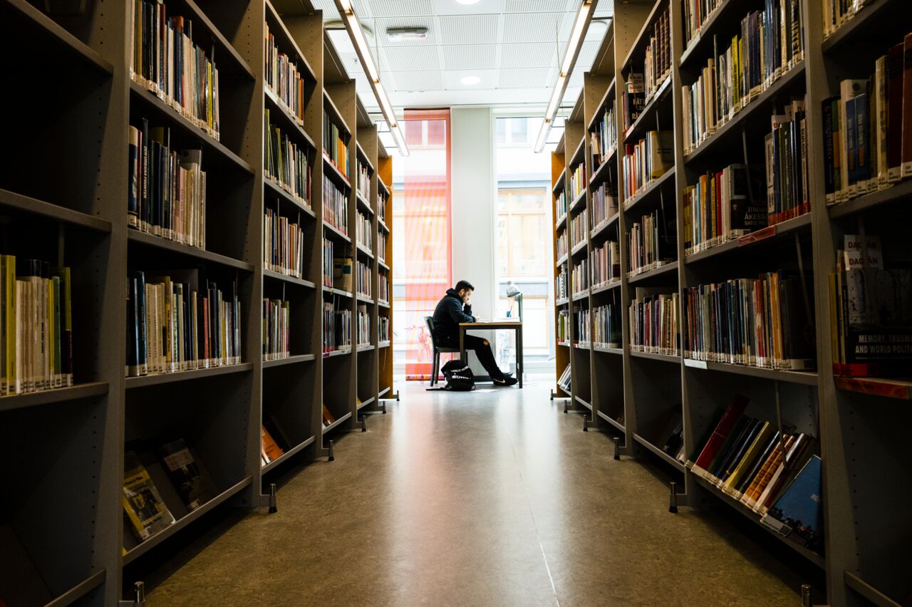 Two rows of book shelves. In the background and in the space between the shelves, there is a reading student  seated at a table.
