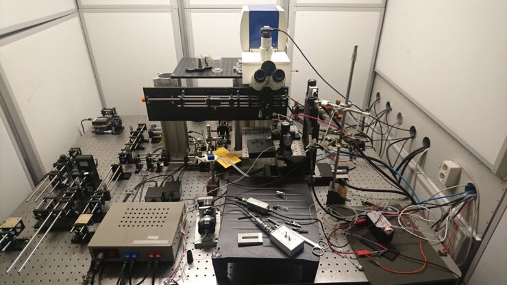Laser interferometer integrated Zeiss confocal LSM 5 Pascal (Equipped with PV-Pump HSPC-1 and PicoSpritzer).