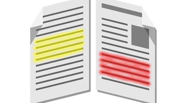 Grafisk bild med två textdokument med färgmarkeringar