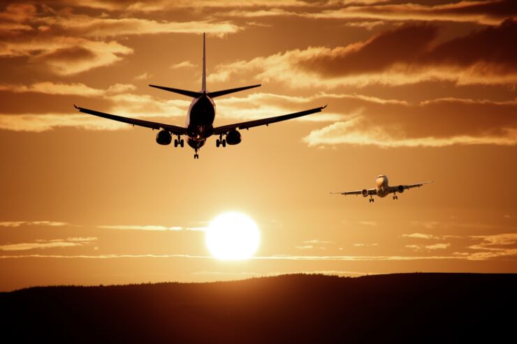 Aircraft landing, sunset