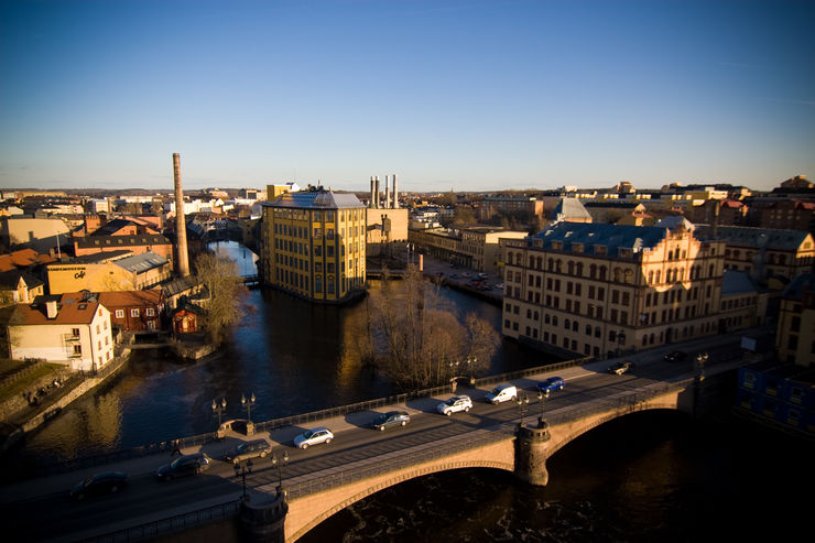 Flygvy över Arbetets Museum, Industrilandskapet i Norrköping.