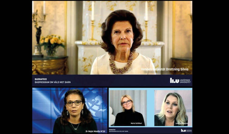 Kollage av ansiktsbilder på kvinnor som talar till kameran. Drottning Silvia, FN:s speciella sändebud i frågor om våld mot barn, Najat Maala M'jid, Maria Schillaci, programchef för Barnafrid och Lena Hallengren, socialminister.