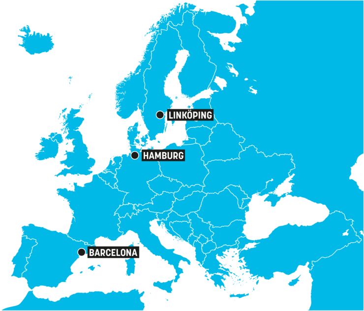 Europakarta med städerna för ECIU:s innovationshubbar: Linköping, Hamburg och Barcelona