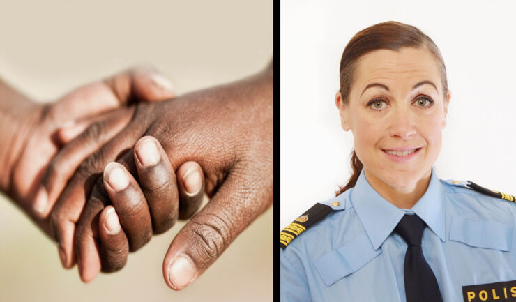 Kvinnlig poliskommissarie i uniform, porträttbild, fotot monterat intill bild på händer.