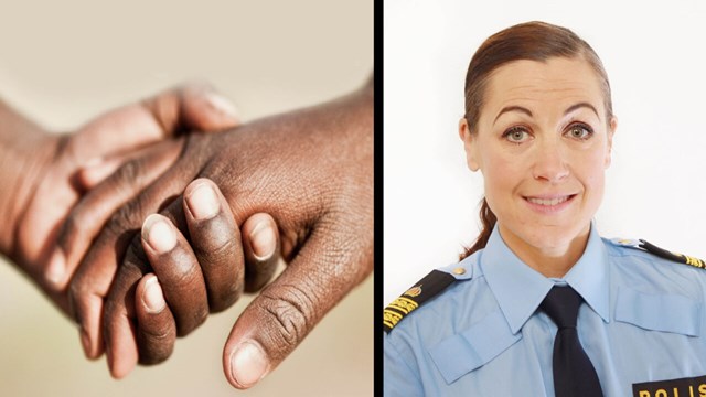 Kvinnlig poliskommissarie i uniform, porträttbild, fotot monterat intill bild på händer.