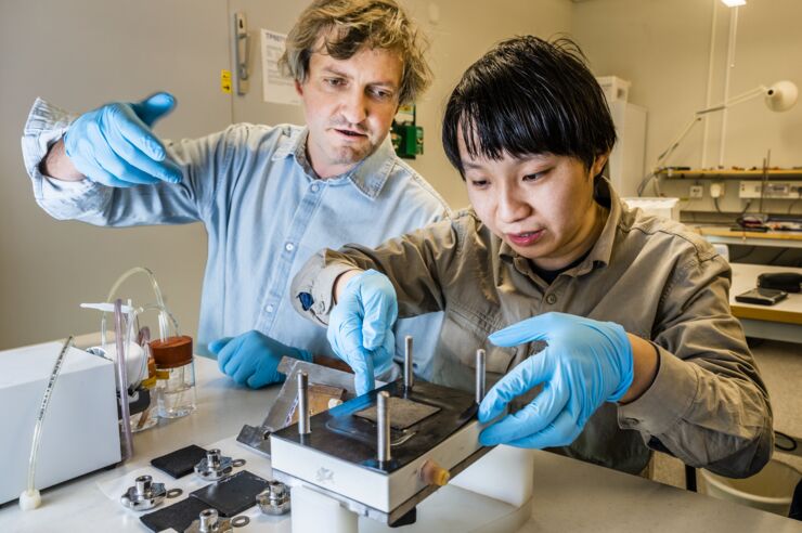 Mikhail Vagin and Penghui Ding working in the laboratory.