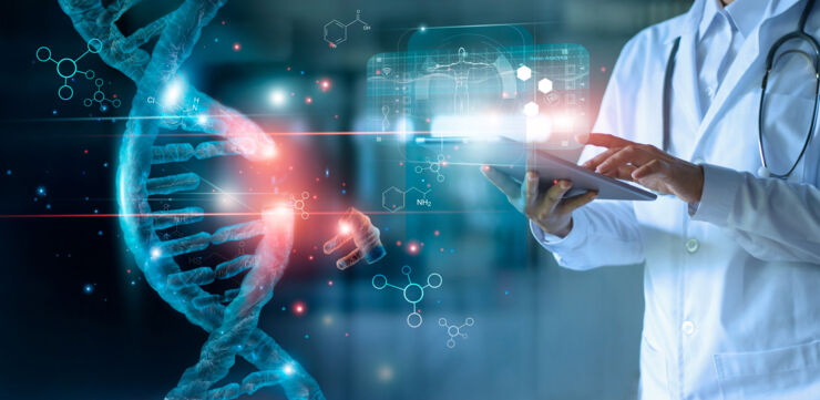 illustration of dna, molecules and physician with hand-held computer.