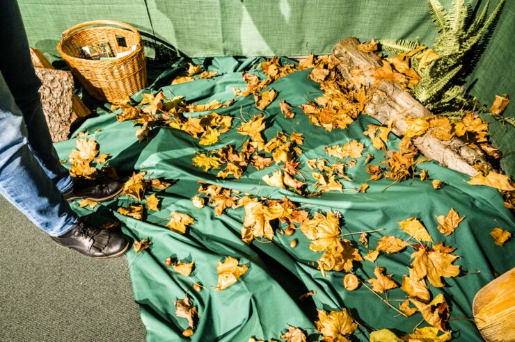 Gula löv ligger på golvet på ett grönt tygstycke