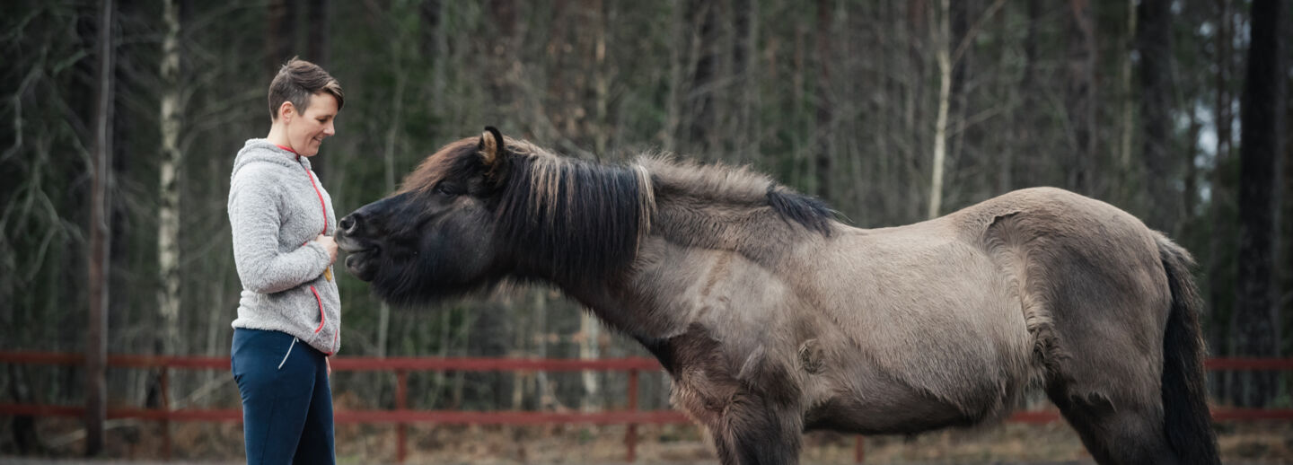 En kvinna och en häst. Hästen har sitt huvud nära en kvinnans händer