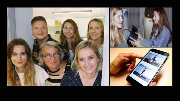 Mixed photos of research group, pregant woman and cellphone. 