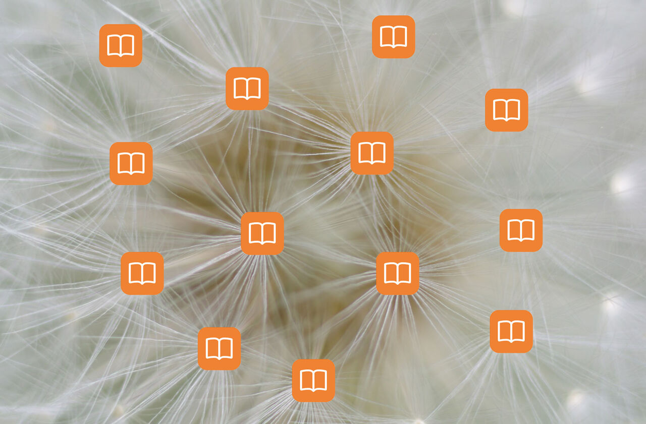 Dandelion seeds and icons in the form of an open book.