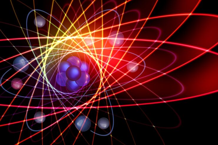 färgglad, animerad bild på atom och partiklar. 