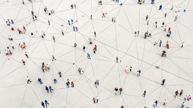 Aerial view of crowd connected by lines.