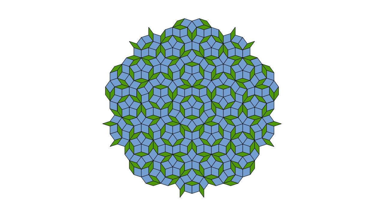A Penrose tiling with rhombi exhibiting fivefold symmetry.