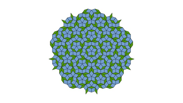 A Penrose tiling with rhombi exhibiting fivefold symmetry.