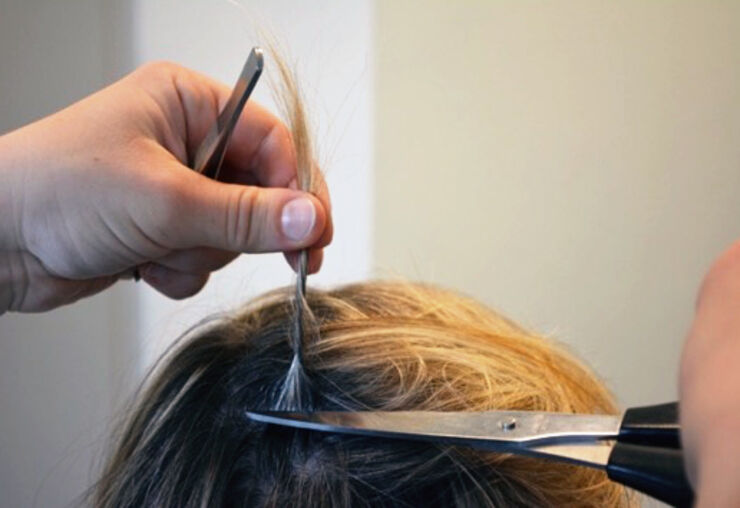 Close up on when a lock of hair is cut from a person's head.