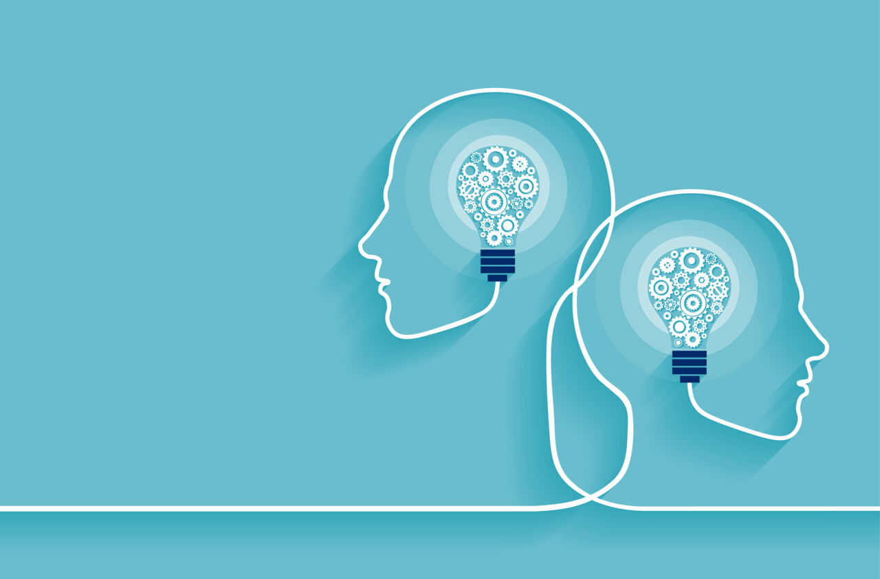 Illustration med två mänskliga huvuden som formar en glödlampa.