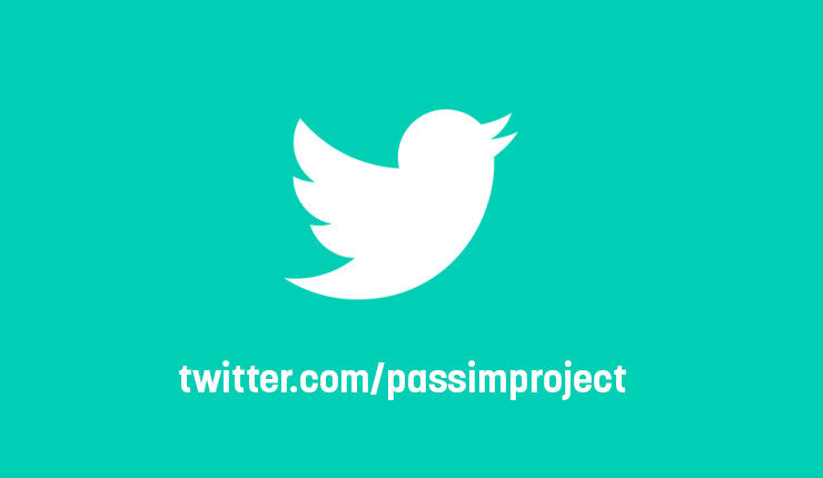 Grön ruta med Twitters logga och webblänk till projektet Passims twitter.