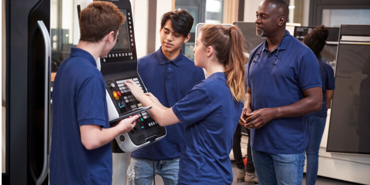 A group of students looking at a machine. 