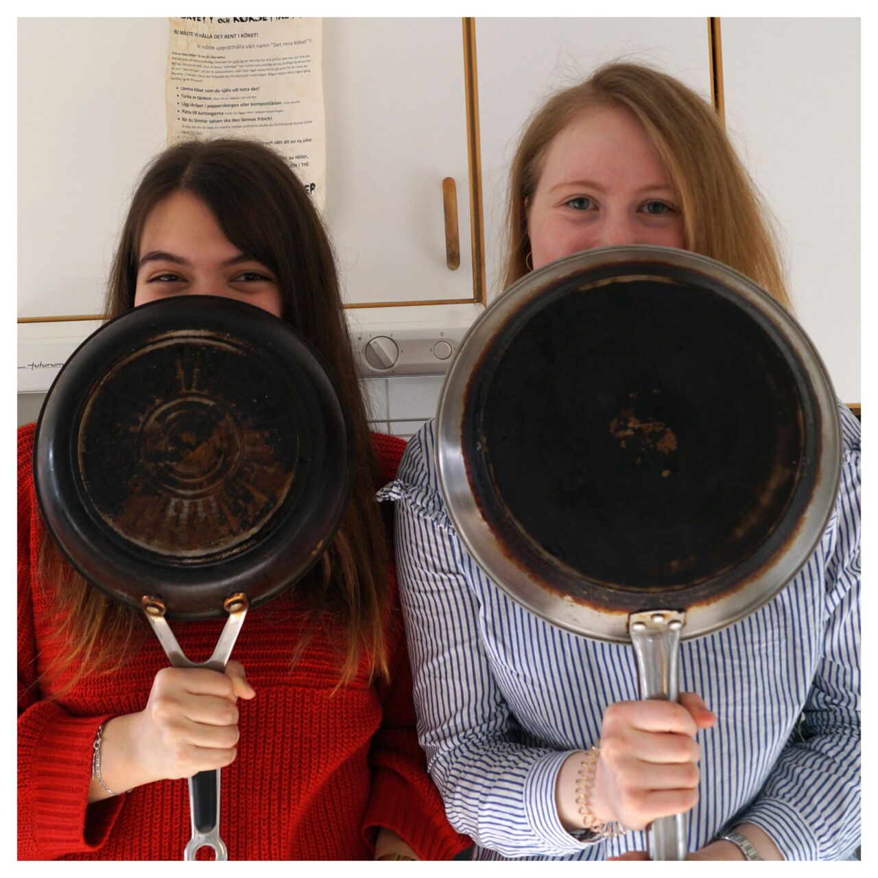 Two girls hold frying pans in front of their mouths.