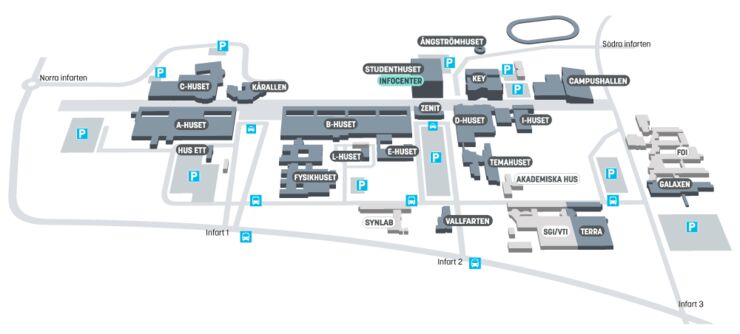Karta över universitetsområdet Campus Valla.