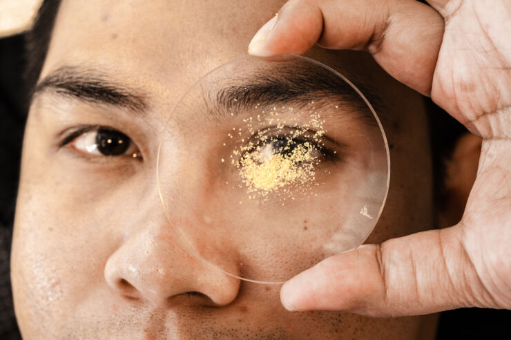 Small yellow crystals on a round glass disc infront of a face.