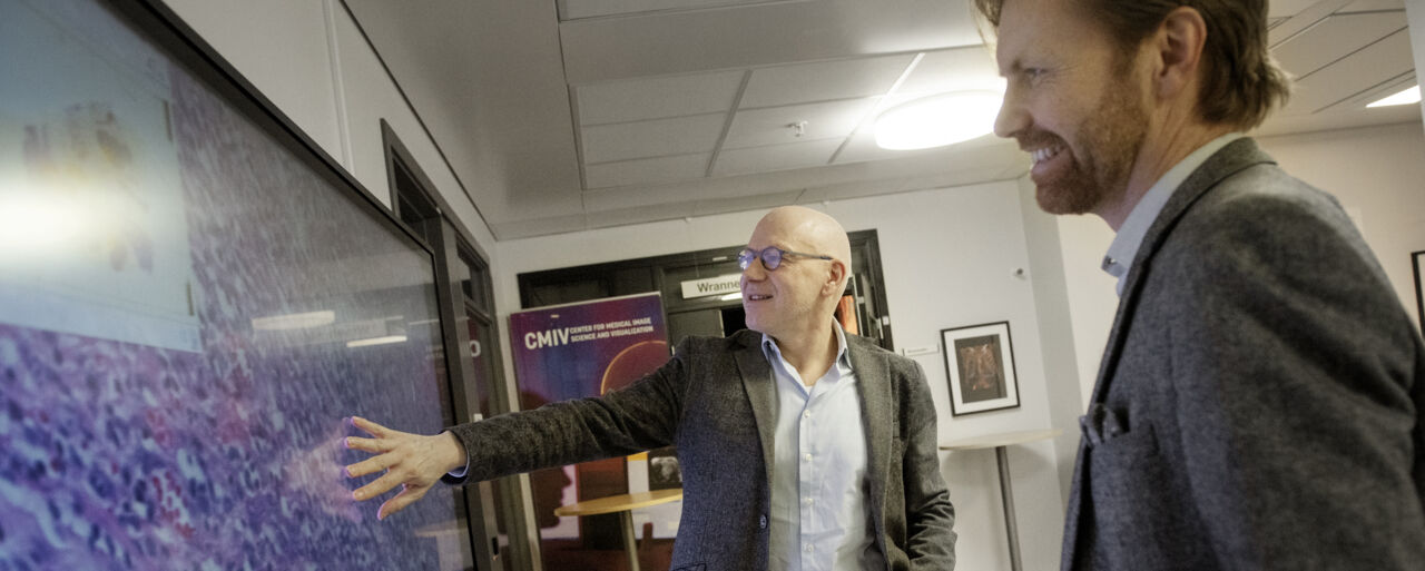 Two researchers discuss a digital image of tissue.