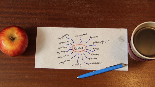 Paper napkin with mindmap scribbling. Red apple on the left and a mug of coffee on the right. Photo taken from above.