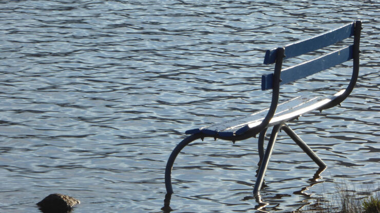 A park bench in water.