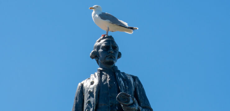 A Thomas Cook statue against a blue sky. A sea gull is standing on the statues head.