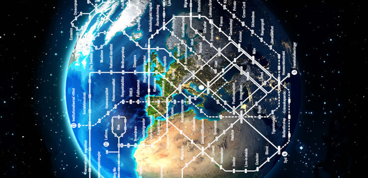 En bild som föreställer jordklotet i rymden. Jordklotet är täckt med ett system av begrepp inom migration och etnicitet.