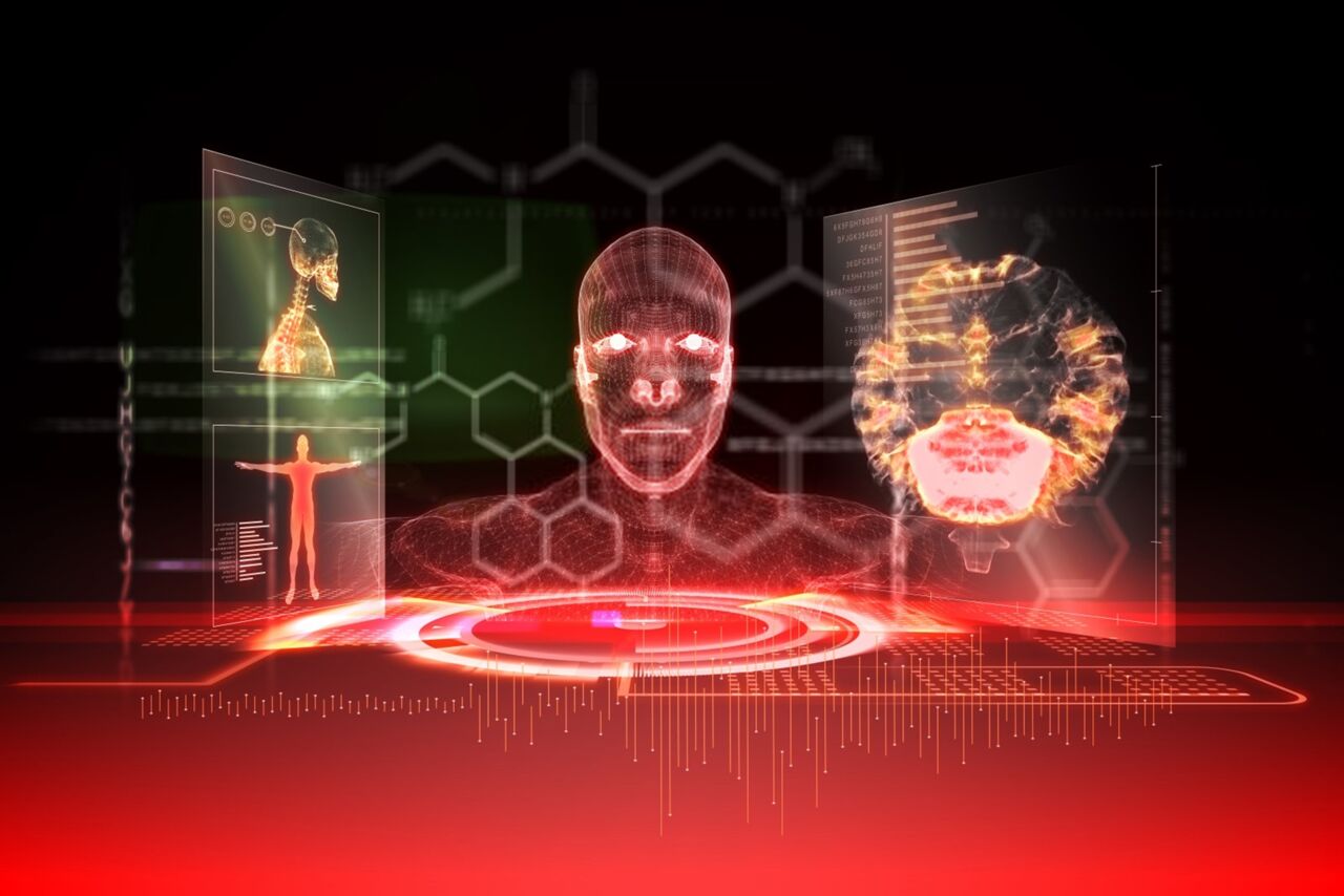 Illustration med röda toner. En människa ses i mitten med en skärm på vardera sida om sig.