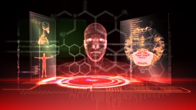 Illustration med röda toner. En människa ses i mitten med en skärm på vardera sida om sig.
